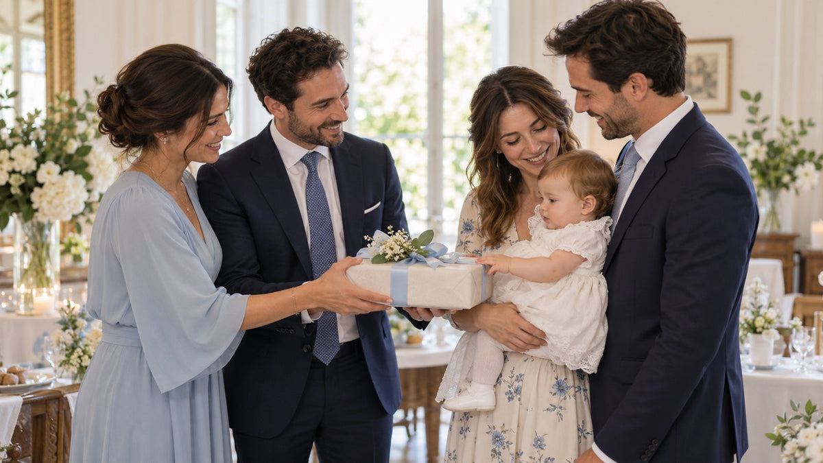 Parrain et marraine remettant un cadeau aux parents lors d’un baptême