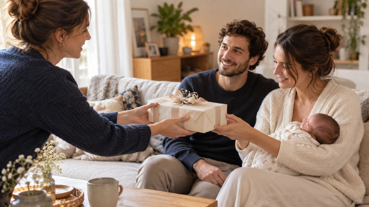 Amie remettant un cadeau de naissance à de jeunes parents lors d’une visite à domicile