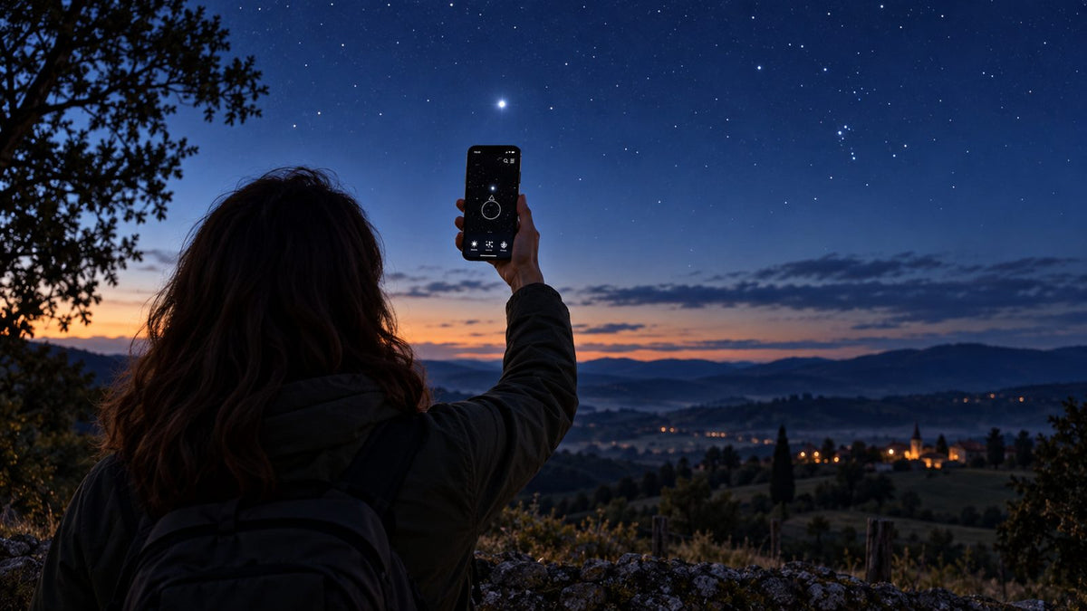 Personne utilisant Universe Star Finder sous un ciel étoilé en France