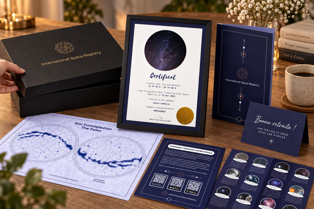 Coffret Institut Stellaire ouvert avec certificat français personnalisé et carte céleste