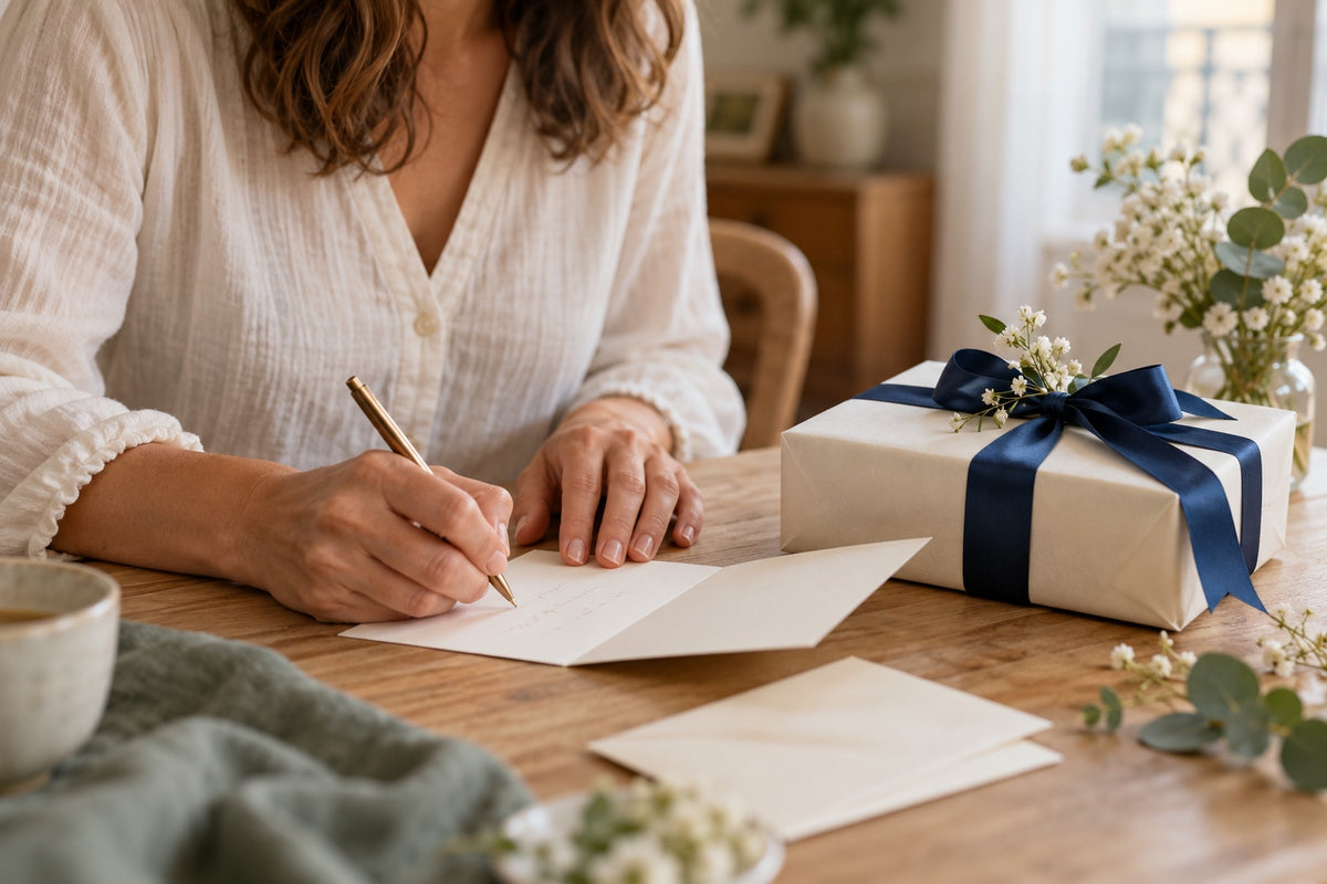 Marraine préparant une carte personnelle et un cadeau de baptême pour son filleul