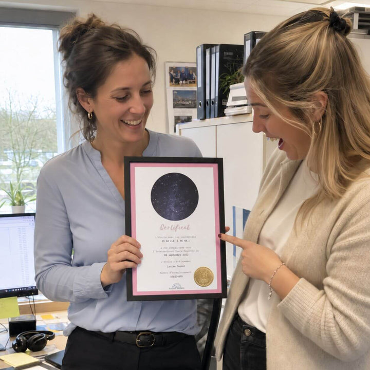 Deux femmes regardent un certificat d’étoile encadré dans un bureau.
